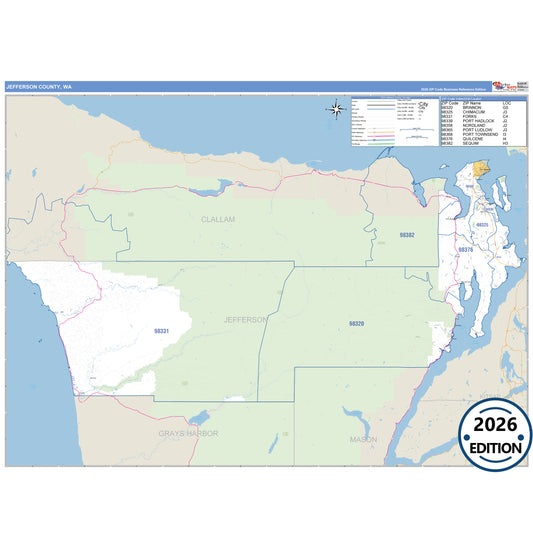 Jefferson County, WA Business Reference 5 Digit ZIP Code Wall Map