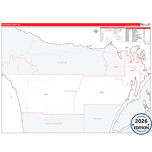 Jefferson County, WA Red Line 5 Digit ZIP Code Wall Map