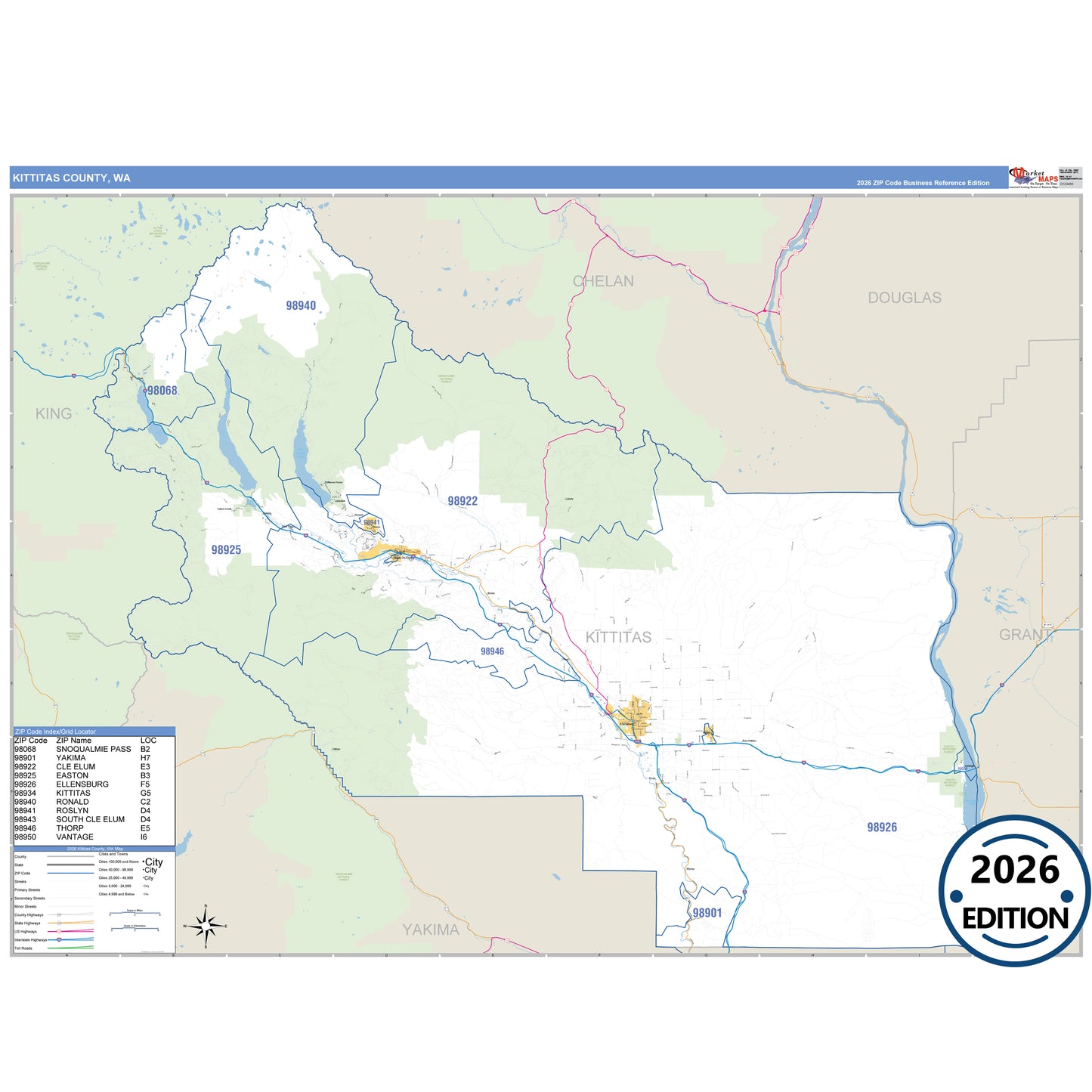 Kittitas County, WA Business Reference 5 Digit ZIP Code Wall Map