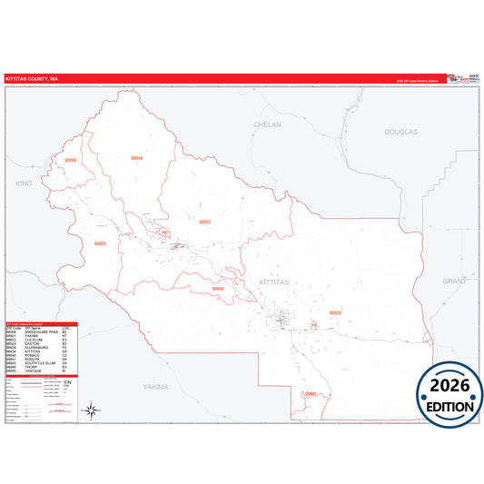Kittitas County, WA Red Line 5 Digit ZIP Code Wall Map