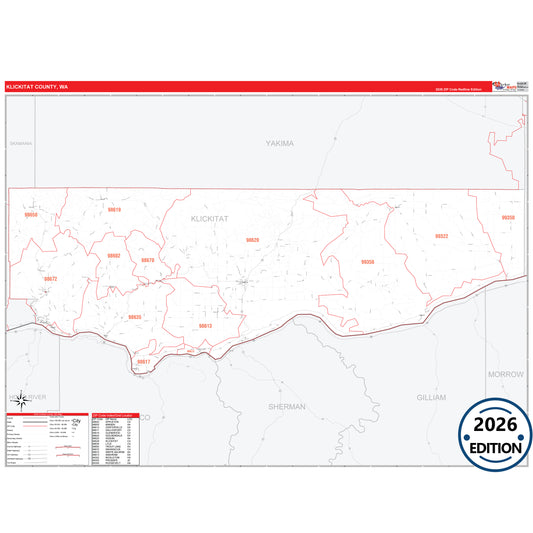 Klickitat County, WA Red Line 5 Digit ZIP Code Wall Map