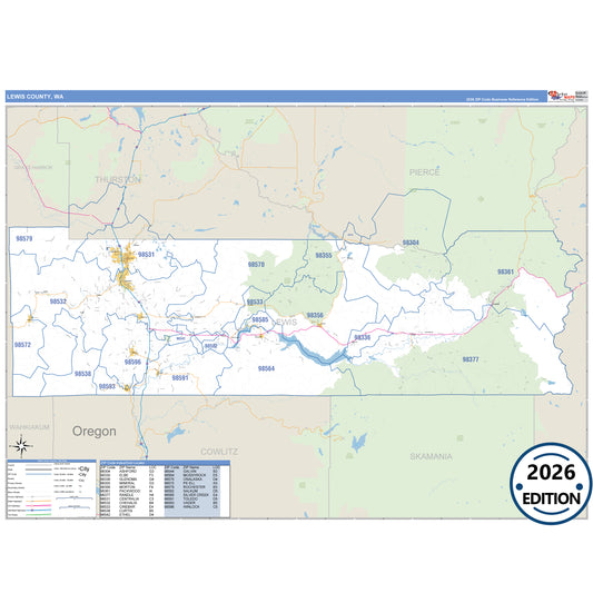 Lewis County, WA Business Reference 5 Digit ZIP Code Wall Map