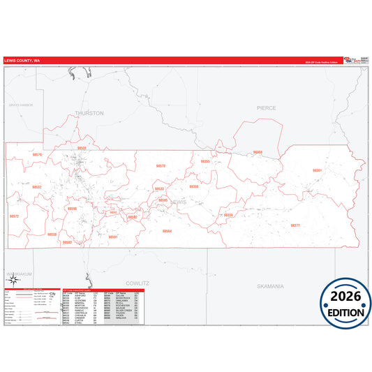 Lewis County, WA Red Line 5 Digit ZIP Code Wall Map