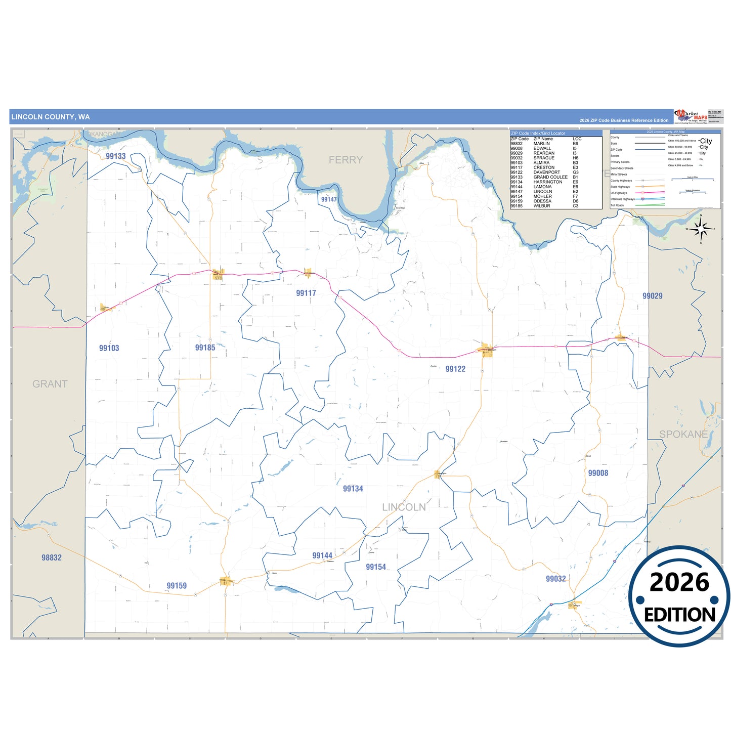 Lincoln County, WA Business Reference 5 Digit ZIP Code Wall Map