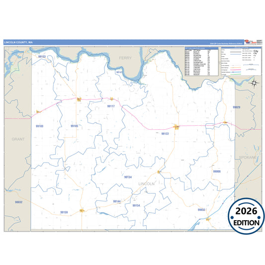 Lincoln County, WA Business Reference 5 Digit ZIP Code Wall Map