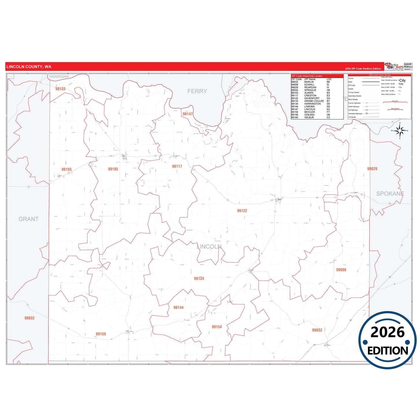 Lincoln County, WA Red Line 5 Digit ZIP Code Wall Map