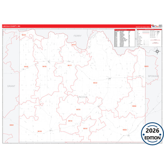 Lincoln County, WA Red Line 5 Digit ZIP Code Wall Map