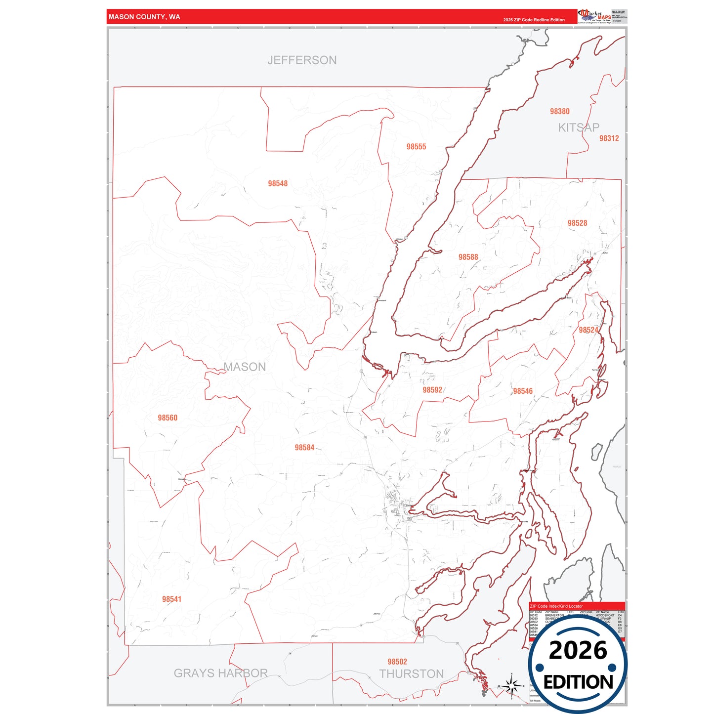 Mason County, WA Red Line 5 Digit ZIP Code Wall Map