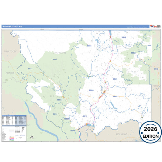 Okanogan County, WA Business Reference 5 Digit ZIP Code Wall Map