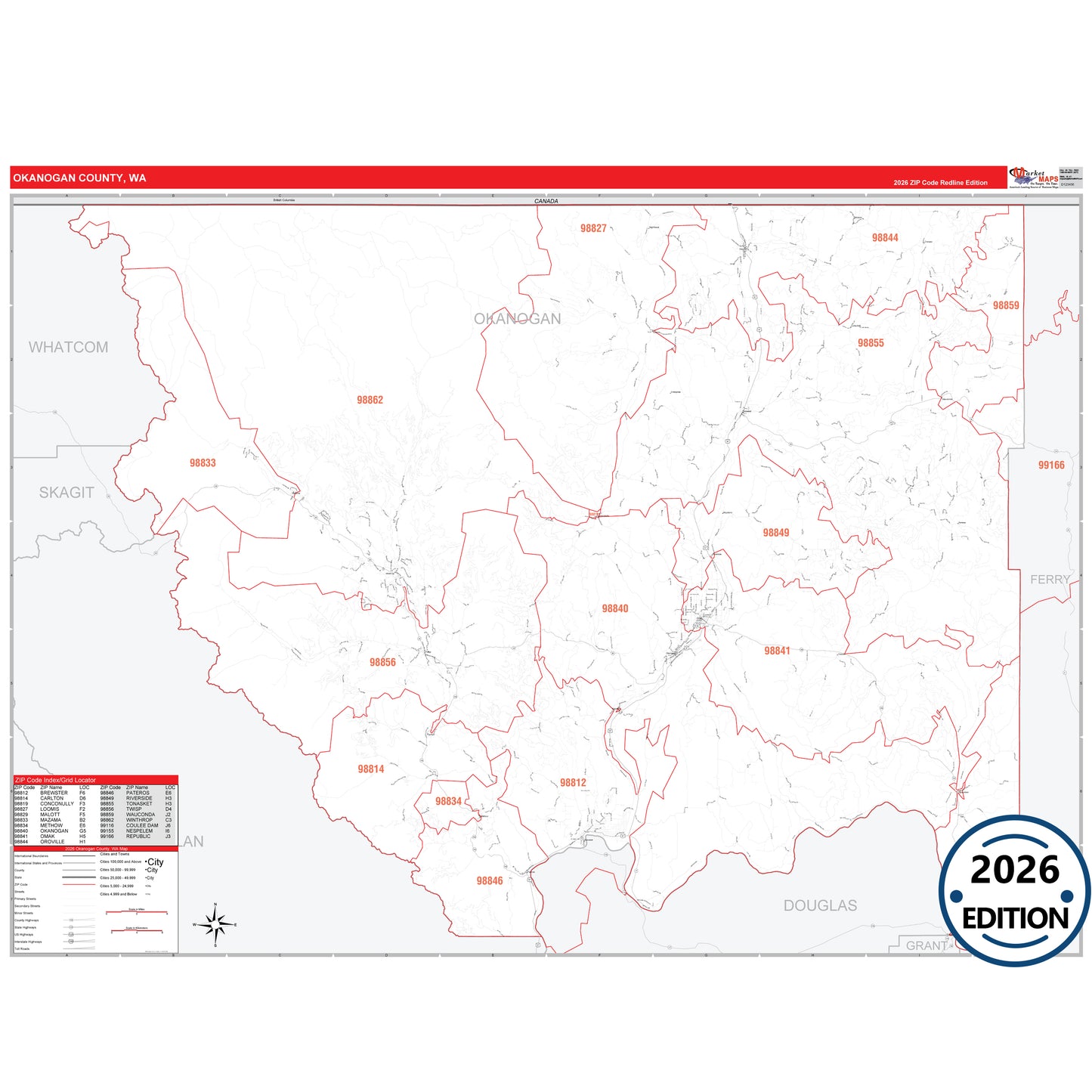 Okanogan County, WA Red Line 5 Digit ZIP Code Wall Map