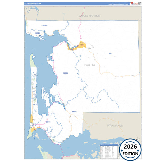 Pacific County, WA Business Reference 5 Digit ZIP Code Wall Map