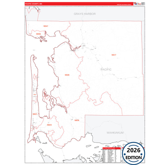 Pacific County, WA Red Line 5 Digit ZIP Code Wall Map