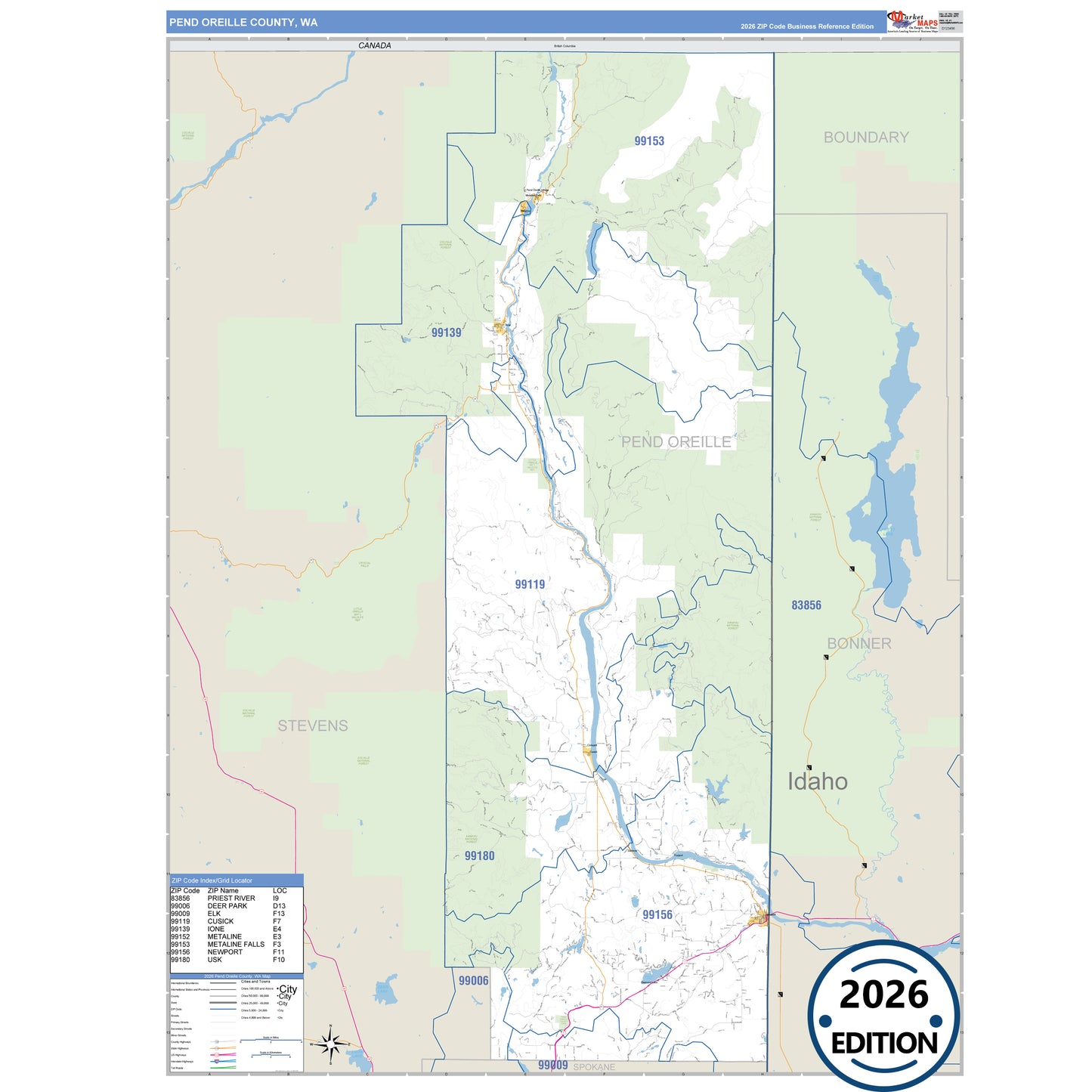 Pend Oreille County, WA Business Reference 5 Digit ZIP Code Wall Map
