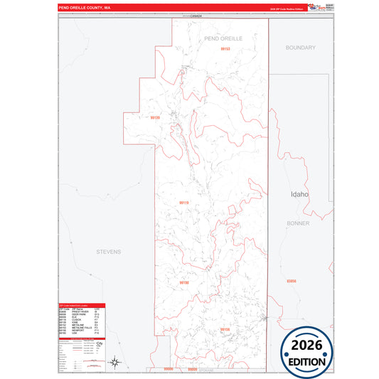 Pend Oreille County, WA Red Line 5 Digit ZIP Code Wall Map