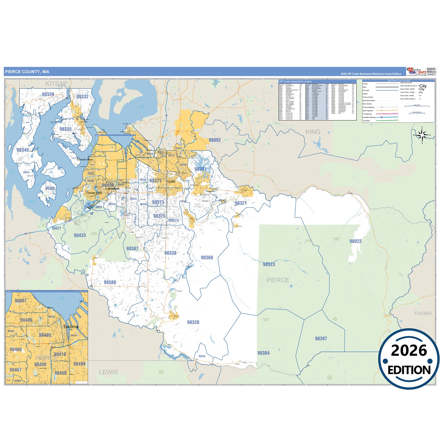 Pierce County, WA Business Reference 5 Digit ZIP Code Wall Map