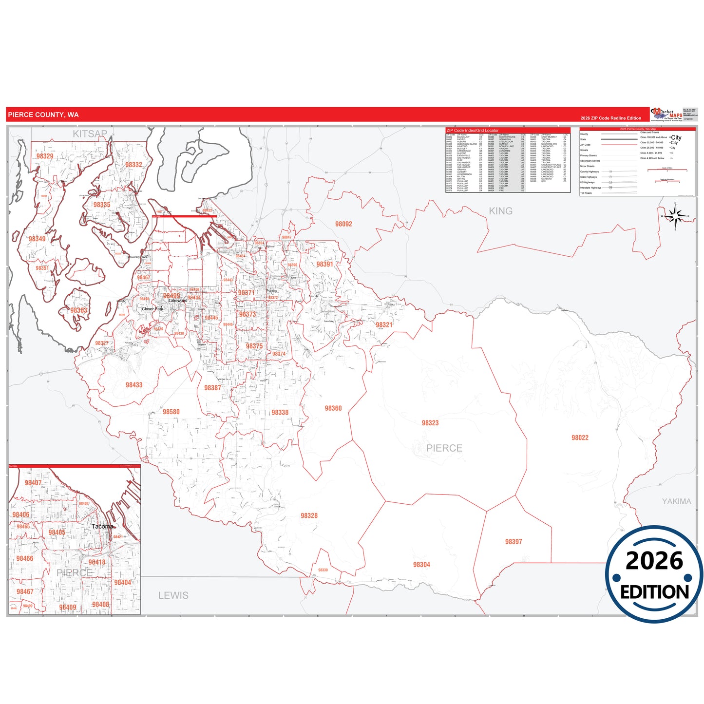 Pierce County, WA Red Line 5 Digit ZIP Code Wall Map