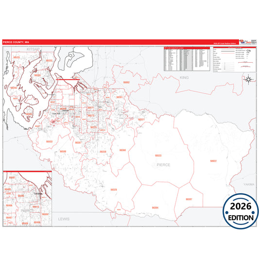 Pierce County, WA Red Line 5 Digit ZIP Code Wall Map