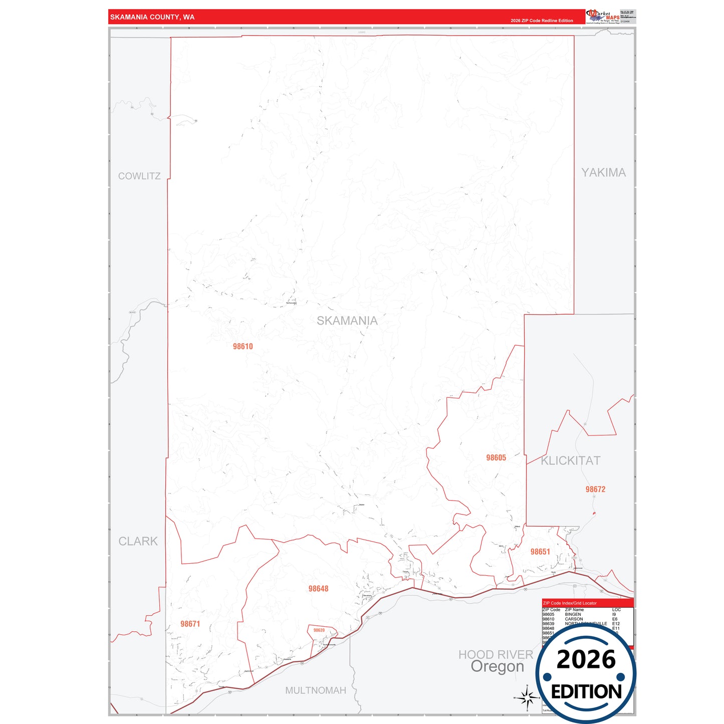 Skamania County, WA Red Line 5 Digit ZIP Code Wall Map