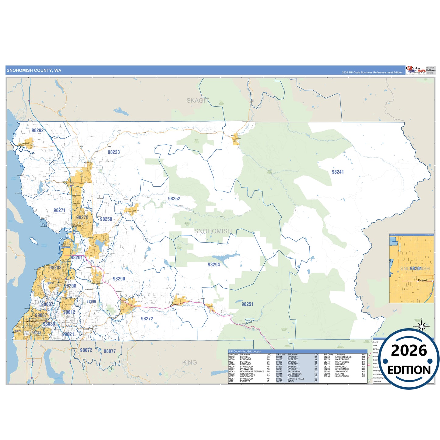 Snohomish County, WA Business Reference 5 Digit ZIP Code Wall Map