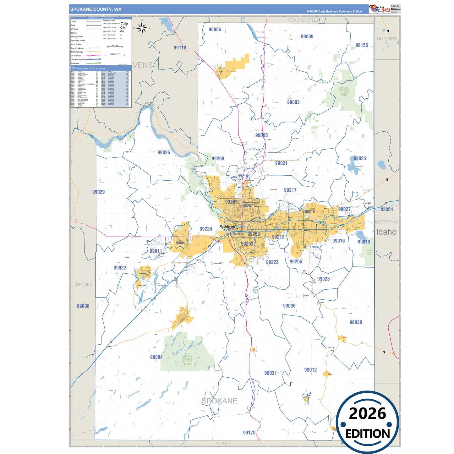 Spokane County, WA Business Reference 5 Digit ZIP Code Wall Map