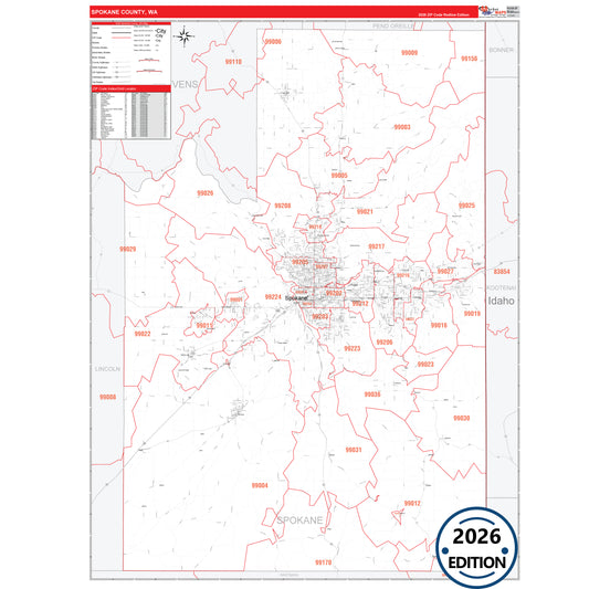 Spokane County, WA Red Line 5 Digit ZIP Code Wall Map