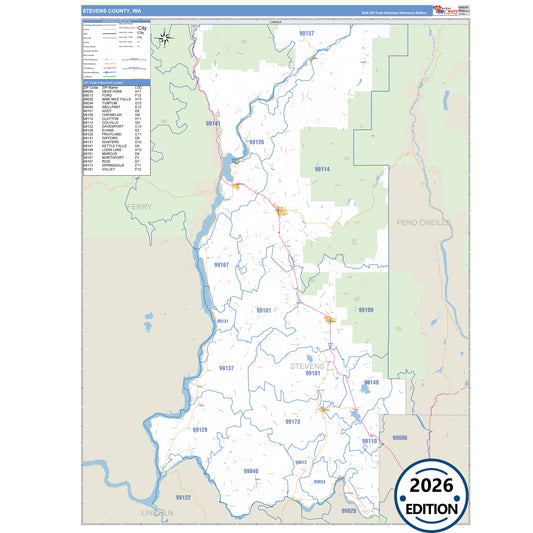 Stevens County, WA Business Reference 5 Digit ZIP Code Wall Map
