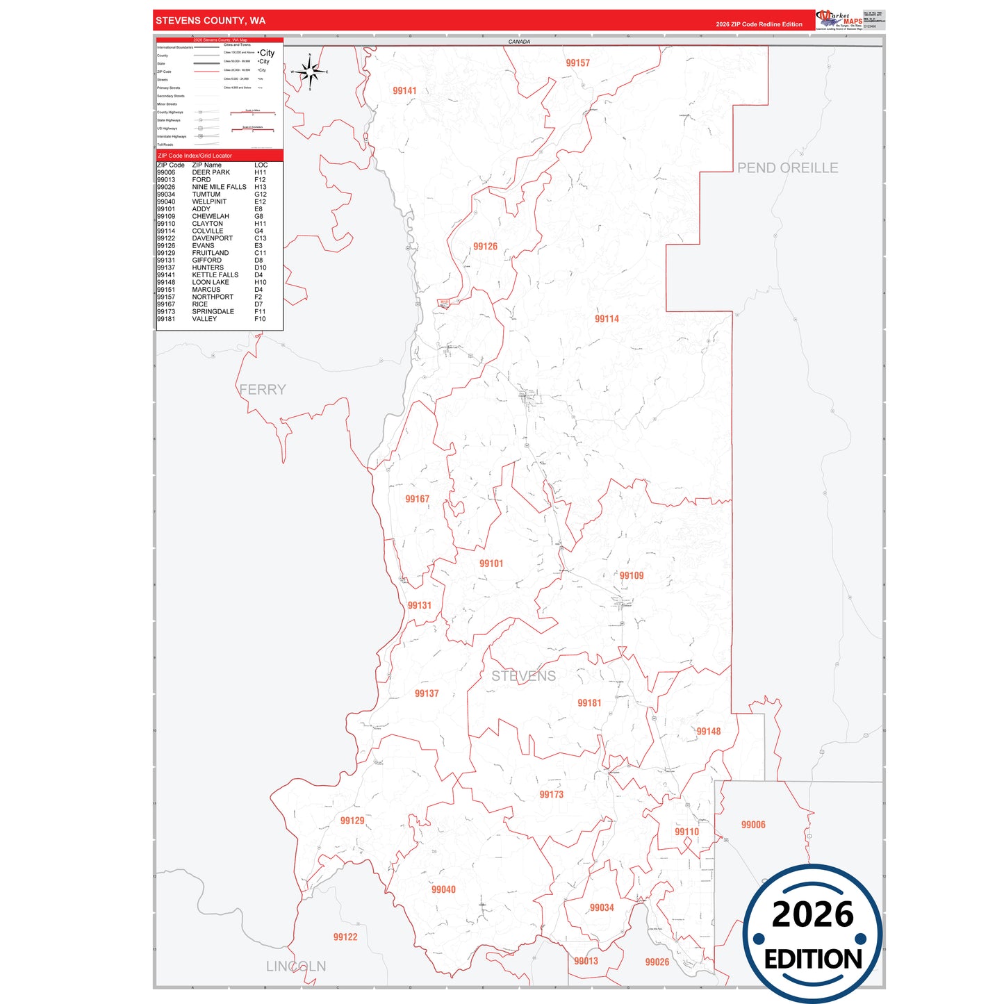 Stevens County, WA Red Line 5 Digit ZIP Code Wall Map