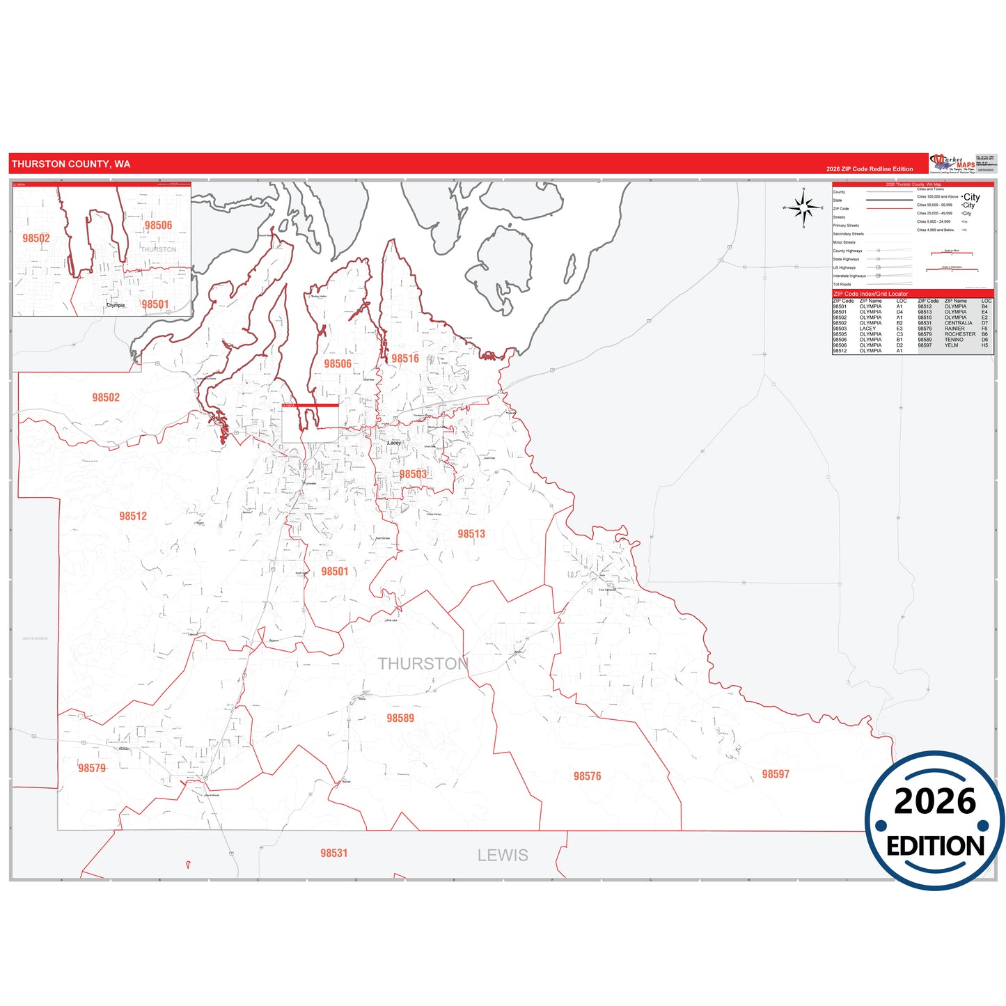 Thurston County, WA Red Line 5 Digit ZIP Code Wall Map
