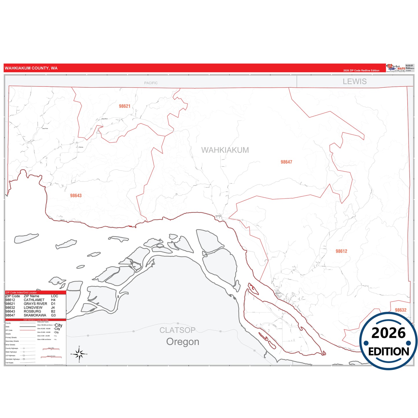 Wahkiakum County, WA Red Line 5 Digit ZIP Code Wall Map