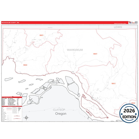 Wahkiakum County, WA Red Line 5 Digit ZIP Code Wall Map