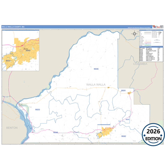 Walla Walla County, WA Business Reference 5 Digit ZIP Code Wall Map