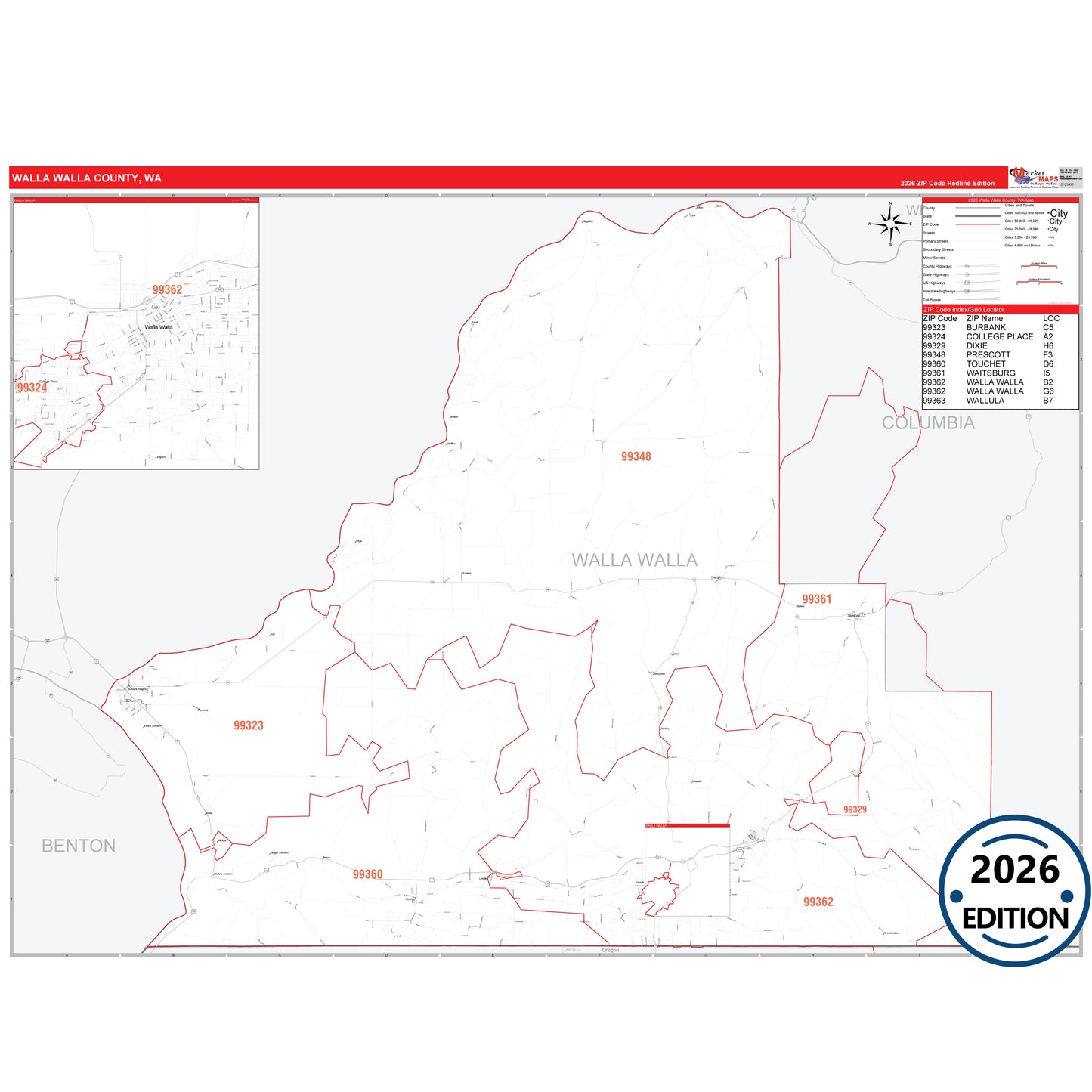 Walla Walla County, WA Red Line 5 Digit ZIP Code Wall Map
