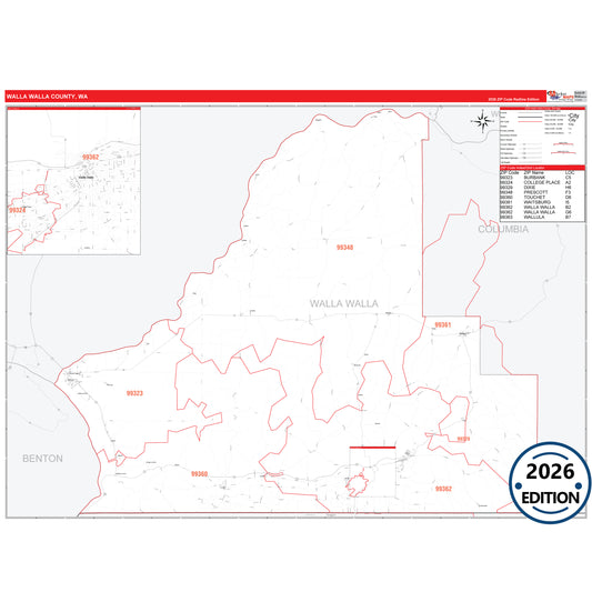 Walla Walla County, WA Red Line 5 Digit ZIP Code Wall Map