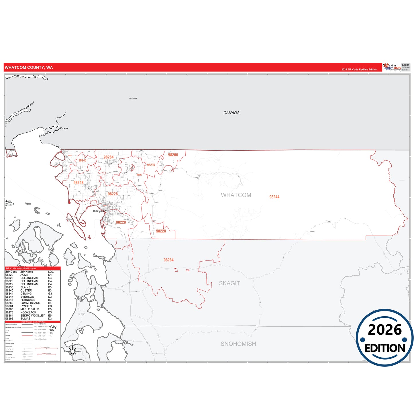 Whatcom County, WA Red Line 5 Digit ZIP Code Wall Map