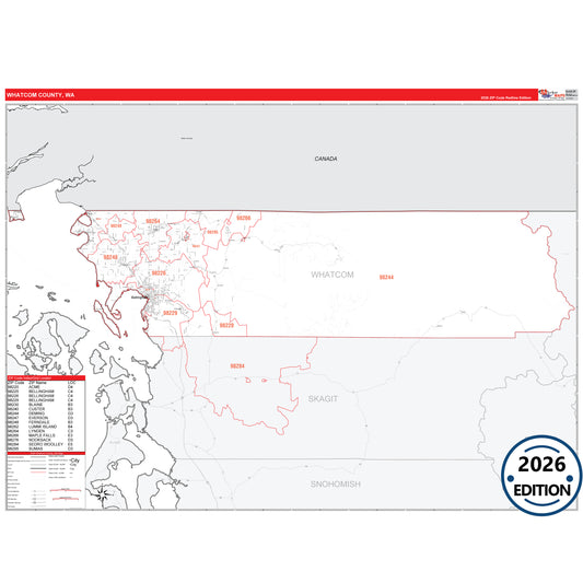 Whatcom County, WA Red Line 5 Digit ZIP Code Wall Map