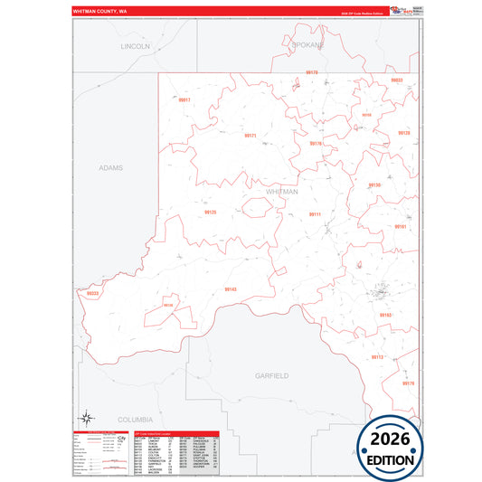 Whitman County, WA Red Line 5 Digit ZIP Code Wall Map
