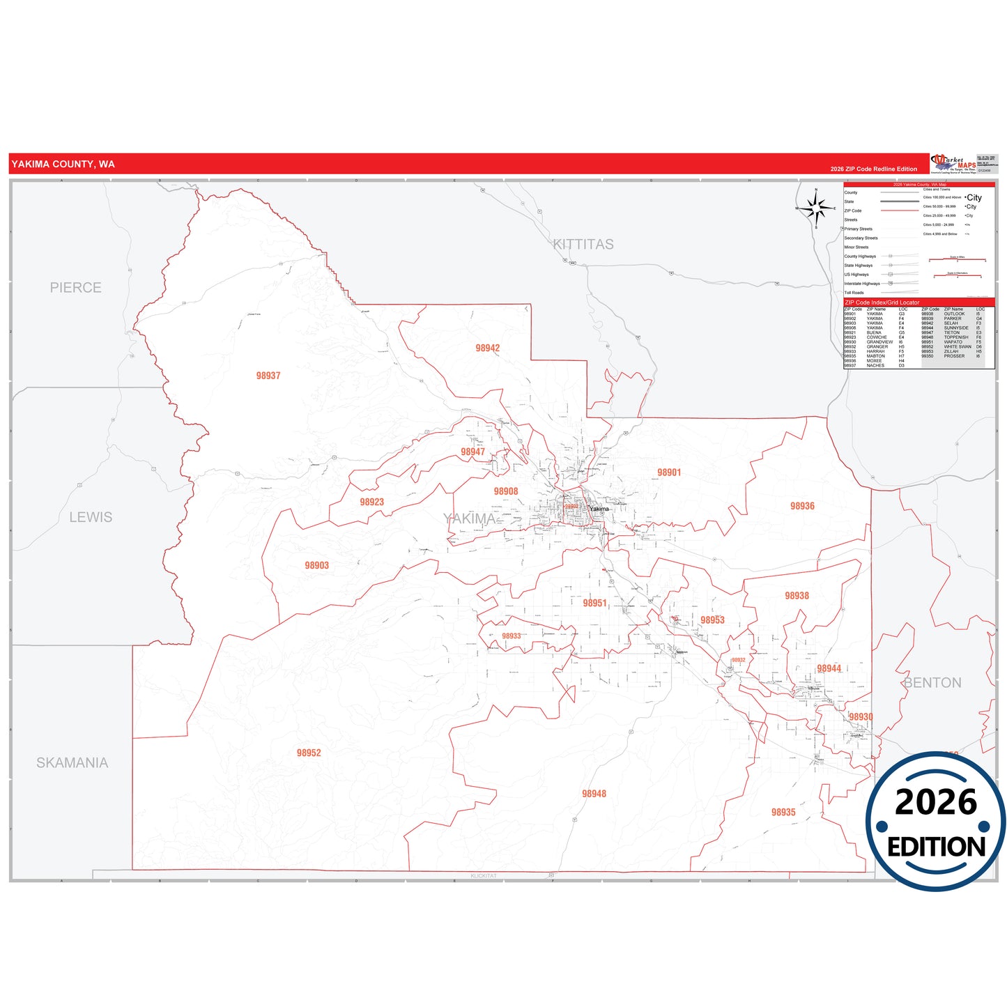 Yakima County, WA Red Line 5 Digit ZIP Code Wall Map