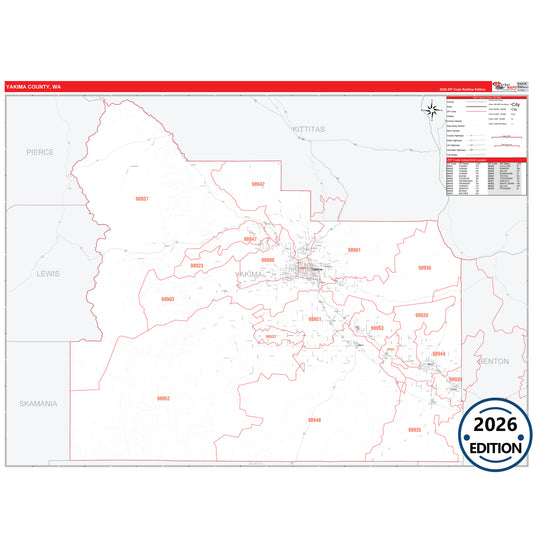 Yakima County, WA Red Line 5 Digit ZIP Code Wall Map