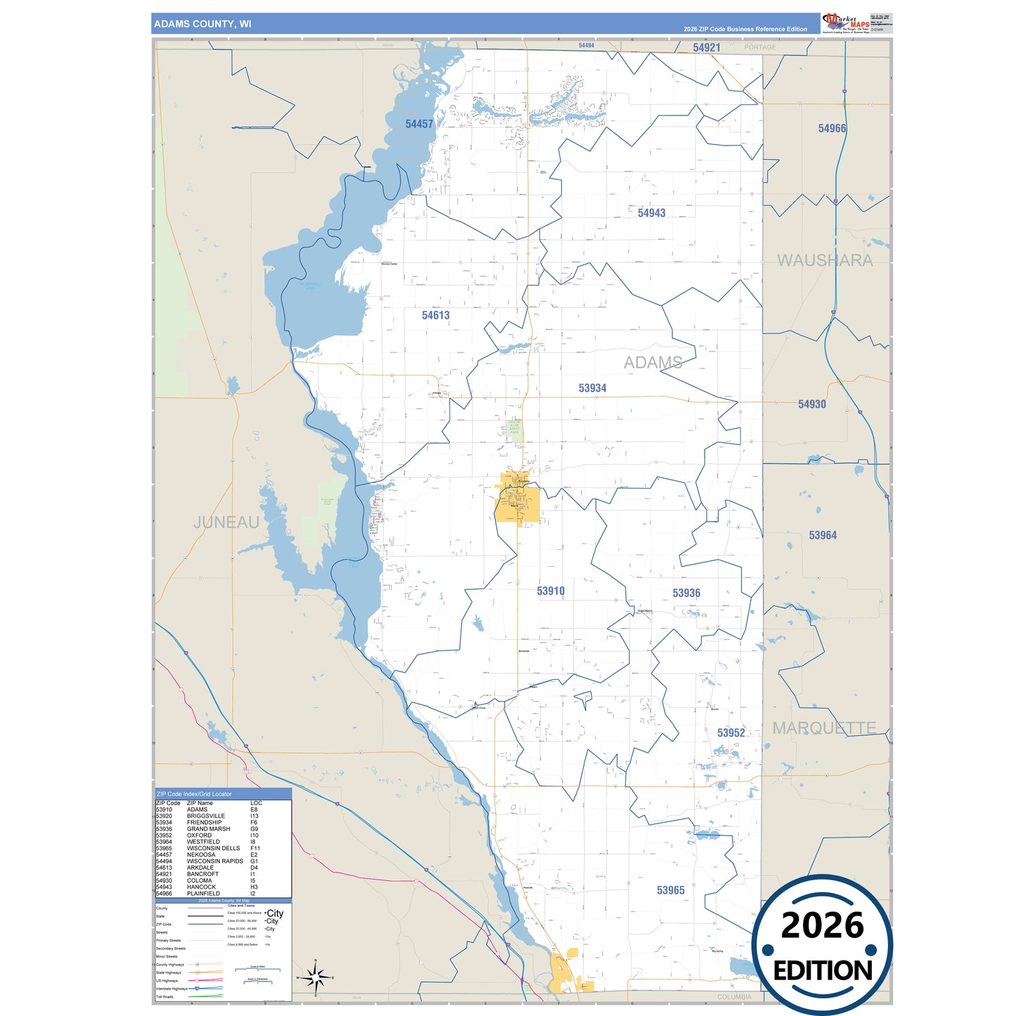 Adams County, WI Business Reference 5 Digit ZIP Code Wall Map