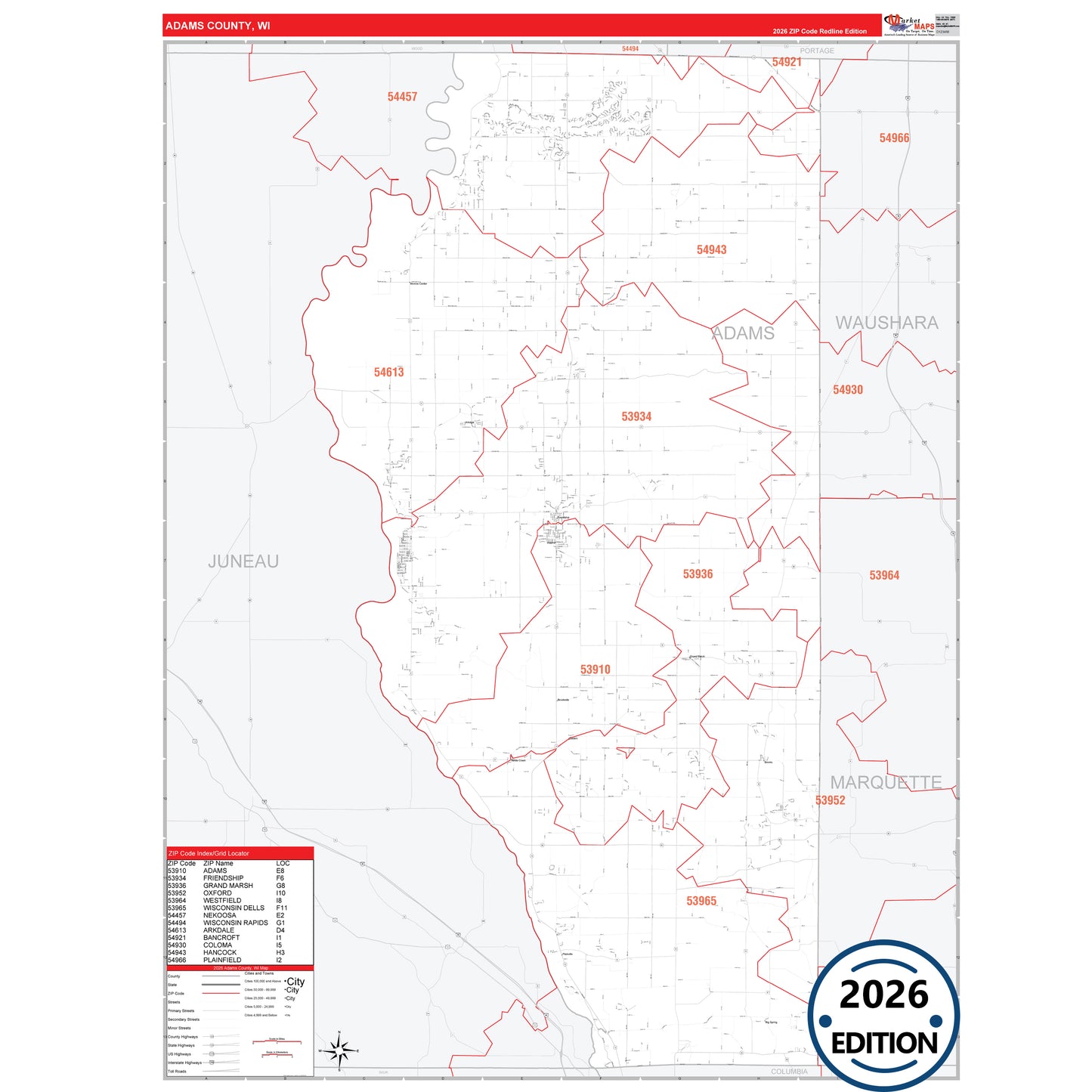 Adams County, WI Red Line 5 Digit ZIP Code Wall Map