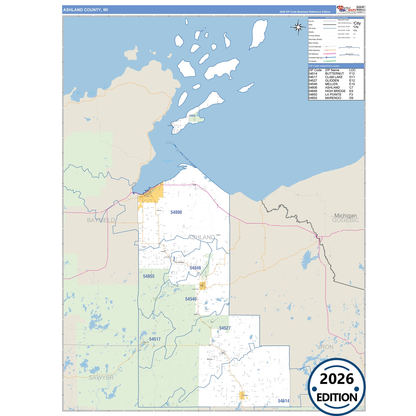 Ashland County, WI Business Reference 5 Digit ZIP Code Wall Map