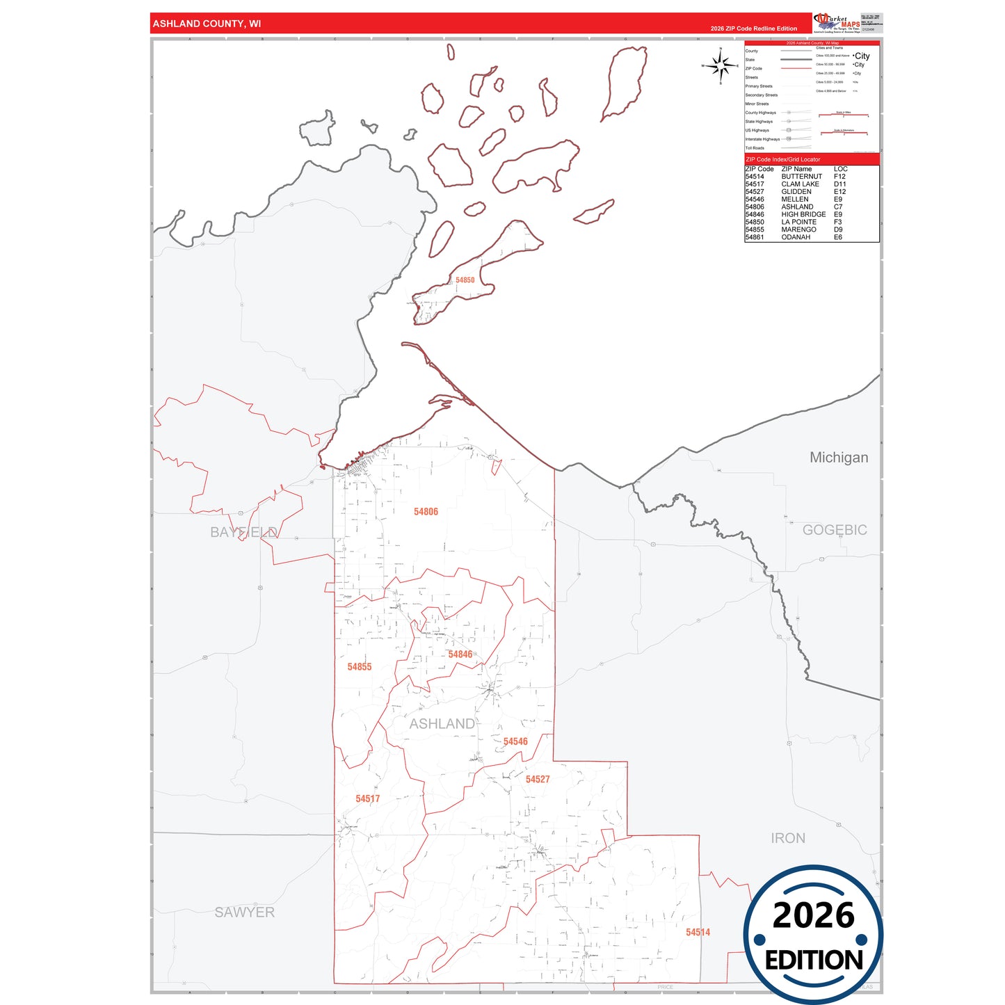 Ashland County, WI Red Line 5 Digit ZIP Code Wall Map
