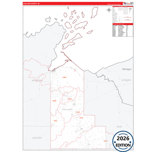 Ashland County, WI Red Line 5 Digit ZIP Code Wall Map