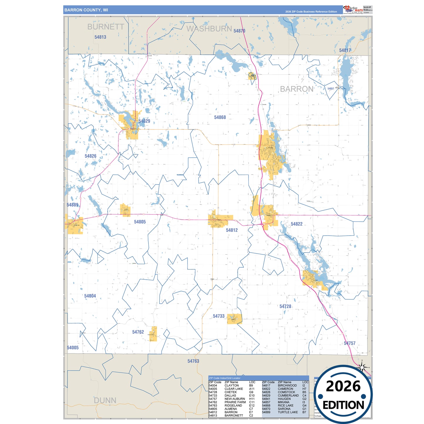 Barron County, WI Business Reference 5 Digit ZIP Code Wall Map
