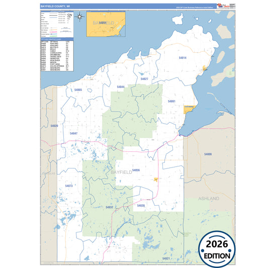 Bayfield County, WI Business Reference 5 Digit ZIP Code Wall Map