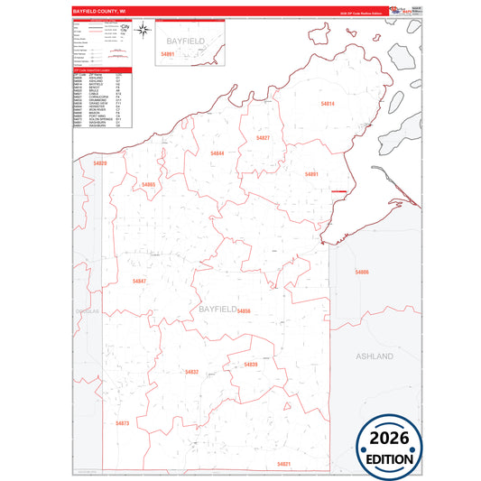 Bayfield County, WI Red Line 5 Digit ZIP Code Wall Map