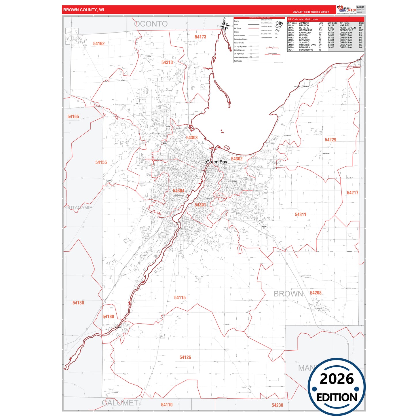 Brown County, WI Red Line 5 Digit ZIP Code Wall Map