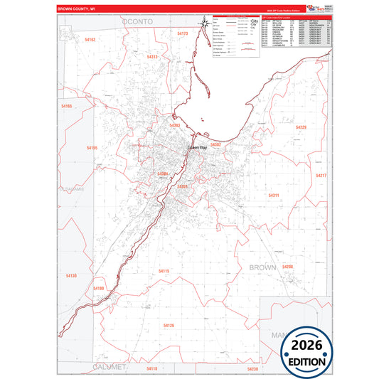 Brown County, WI Red Line 5 Digit ZIP Code Wall Map