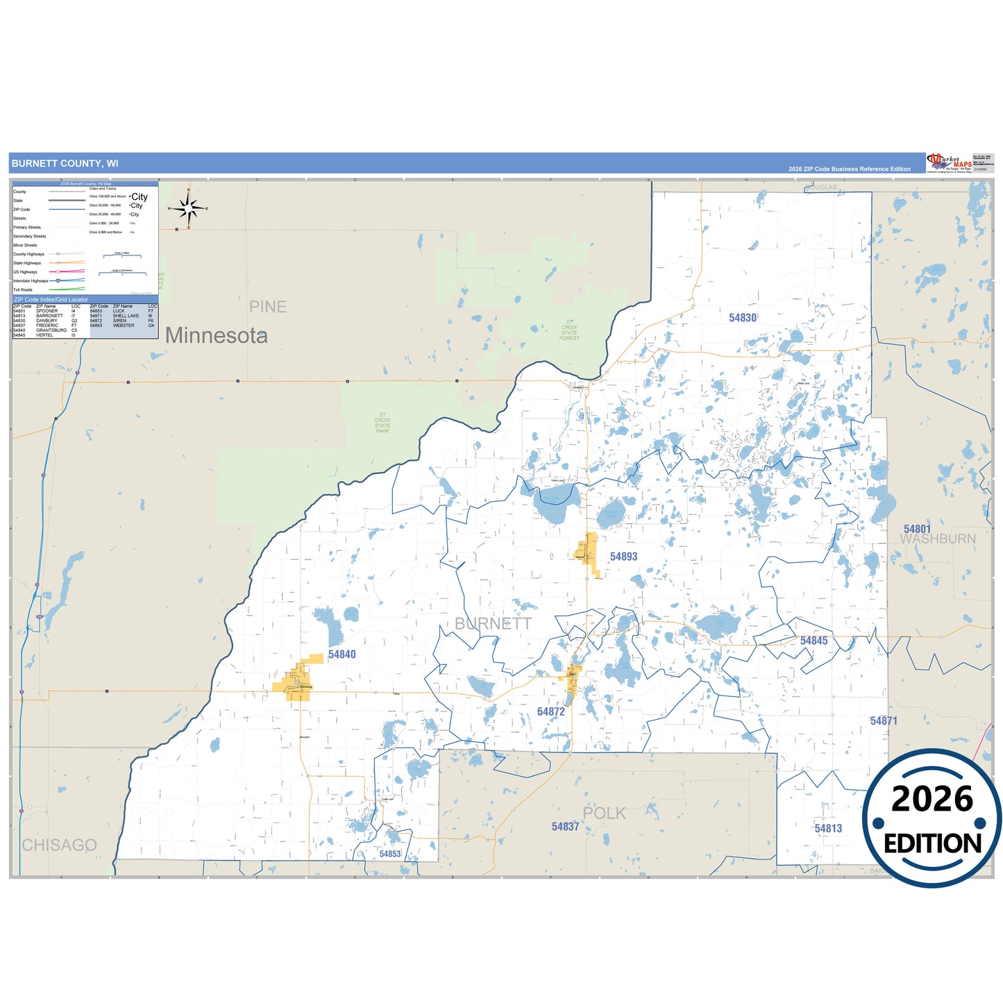 Burnett County, WI Business Reference 5 Digit ZIP Code Wall Map