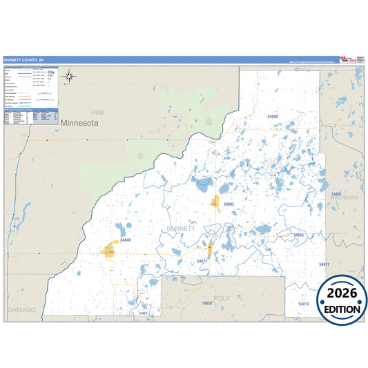 Burnett County, WI Business Reference 5 Digit ZIP Code Wall Map